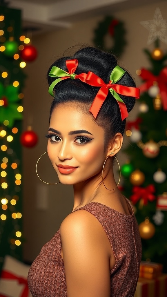 A model with a high puff hairstyle decorated with ribbons, surrounded by Christmas decorations.